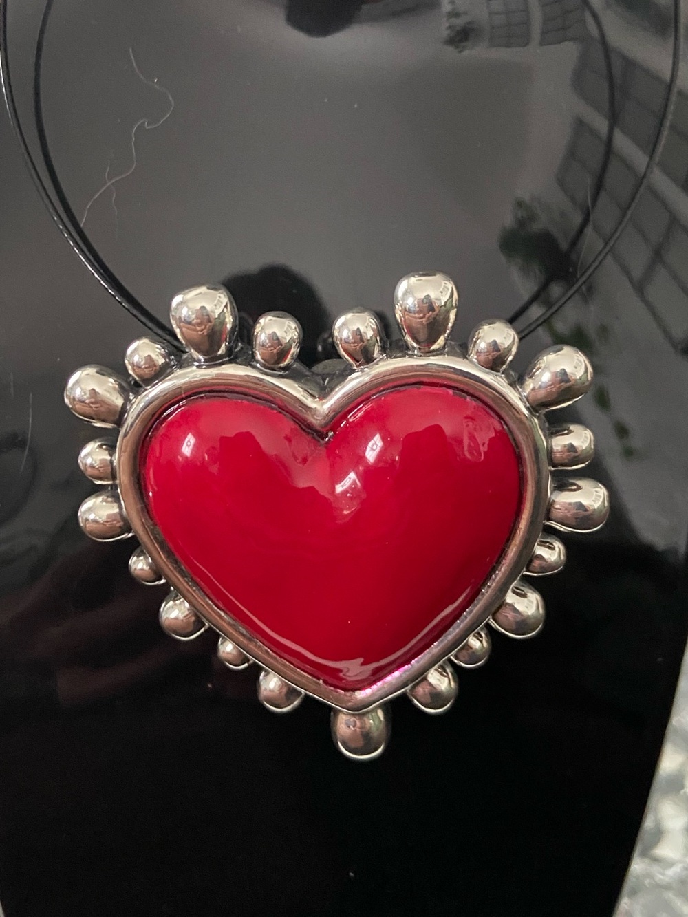 Silver 925 Extra Lg Thick Frida Jumbo Red Heart Statement Pendant Necklace